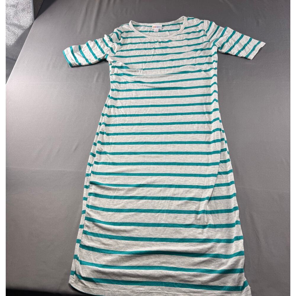 LuLaRoe Julia Dress Womens Small Gray Teal Striped 3/4 Sleeve Stretch Casual